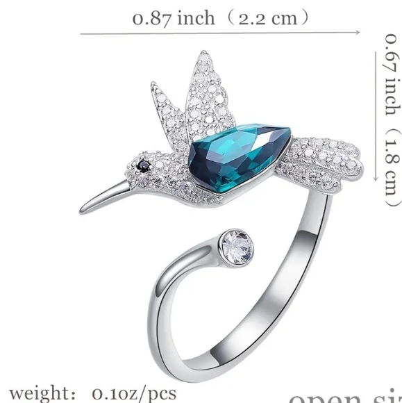 925 Sterling Silver Plated Alloy CZ Hummingbird Opens Ring - Picture 3 of 6